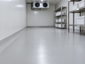Kühlhalle mit hellem, fugenlos beschichtetem Boden und Hohlkehle zur Wand