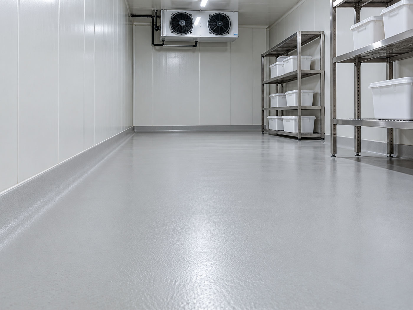 Kühlhalle mit hellem, fugenlos beschichtetem Boden und Hohlkehle zur Wand
